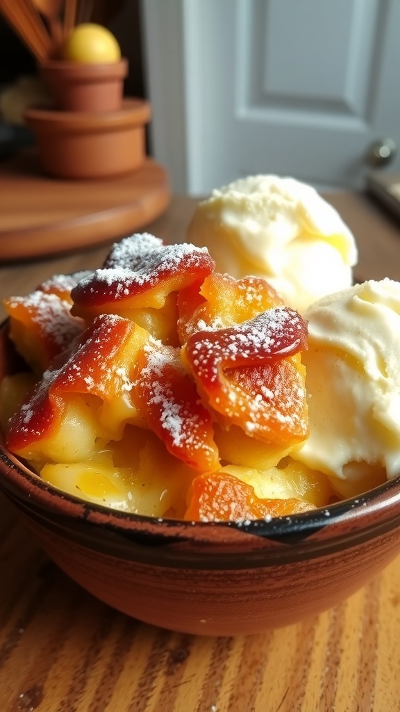A bowl of biscuits bread pudding topped with powdered sugar and a scoop of vanilla ice cream.
